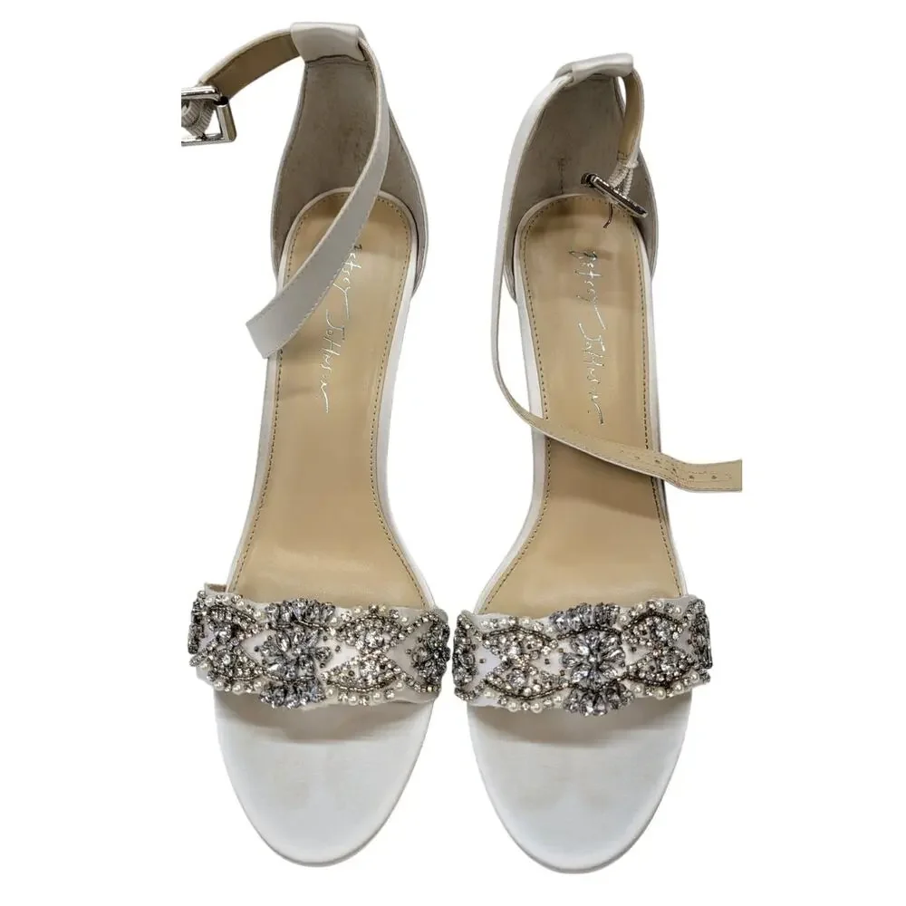 Embellished White Satin Ankle-Strap Heels